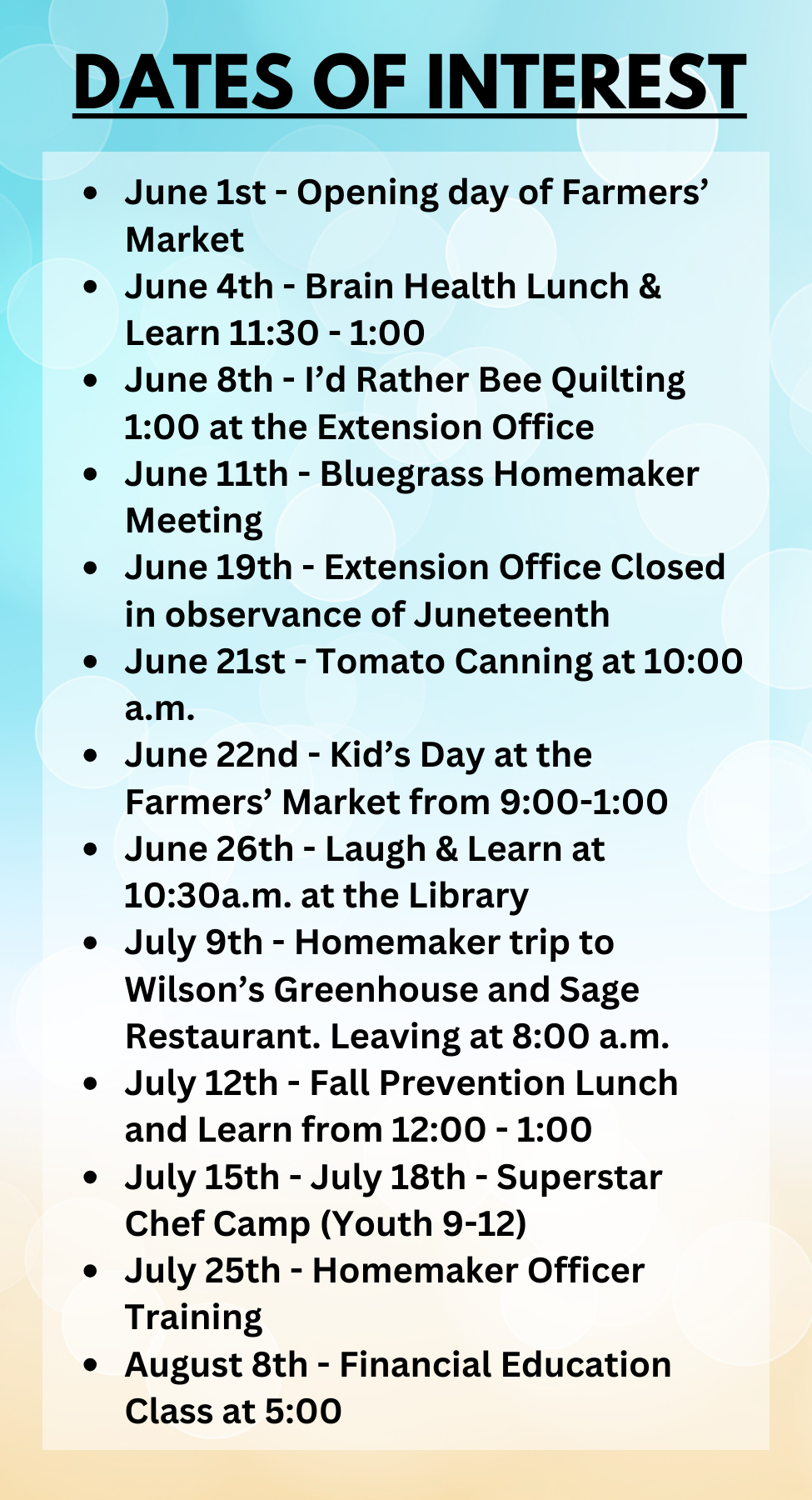 Dates to remember for June through August for Estill FCS